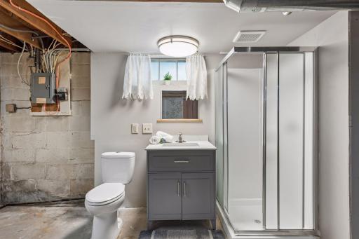 Lower-level bathroom with shower, vanity, and window, plus plenty of additional space for storage.