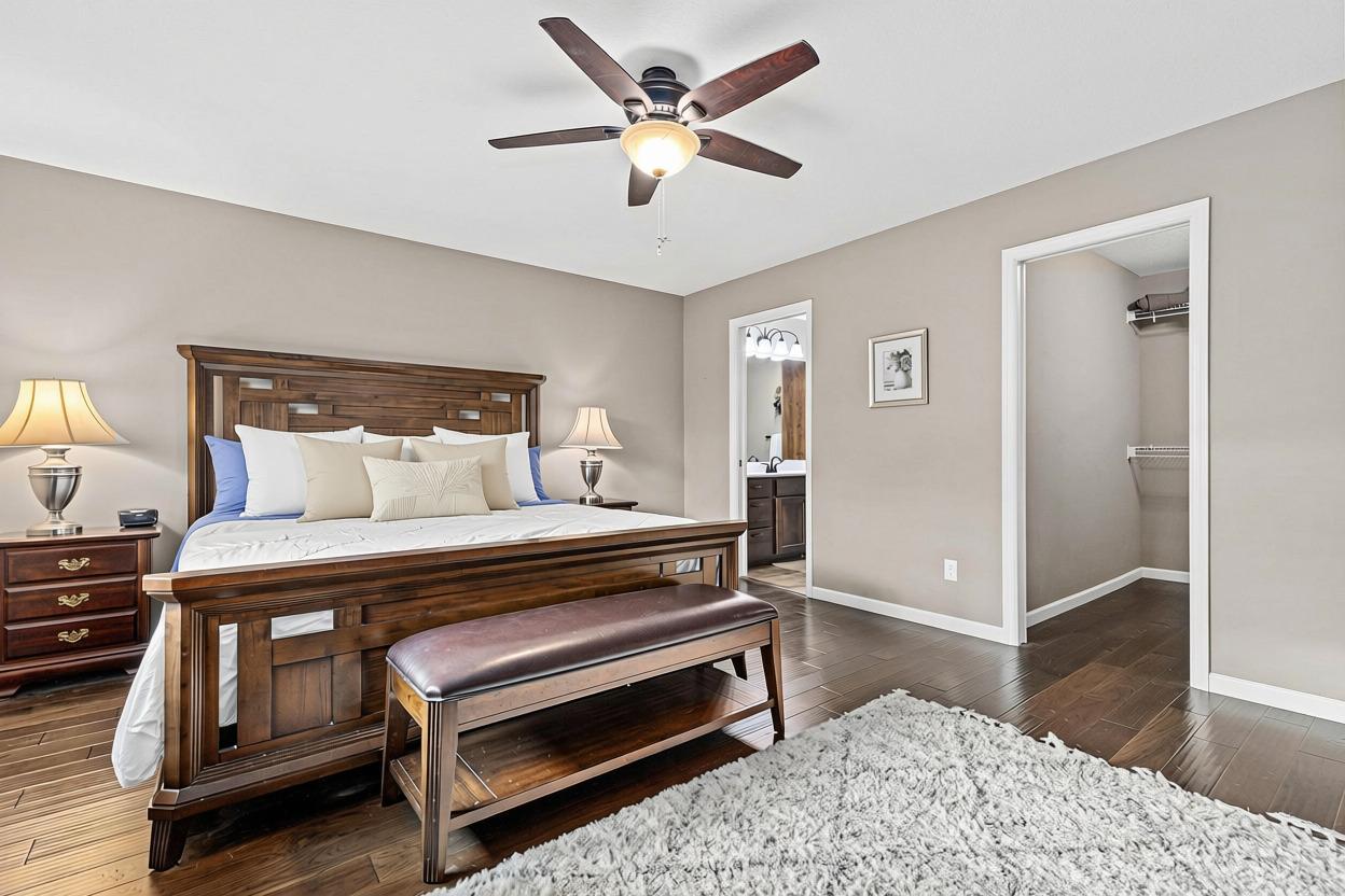 Oversized primary bedroom with private ensuite and large walk-in closet