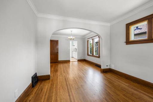 Dining area with overhead lighting and convenient access to the kitchen