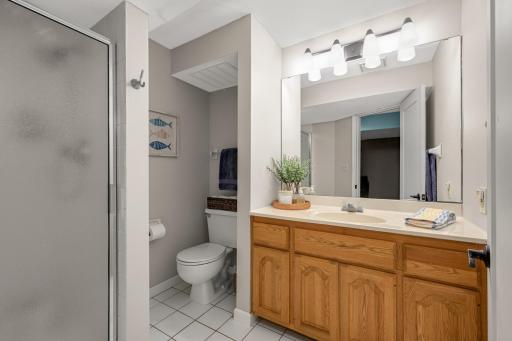 Lower level 3/4 bath with white tile floors and updated lighting