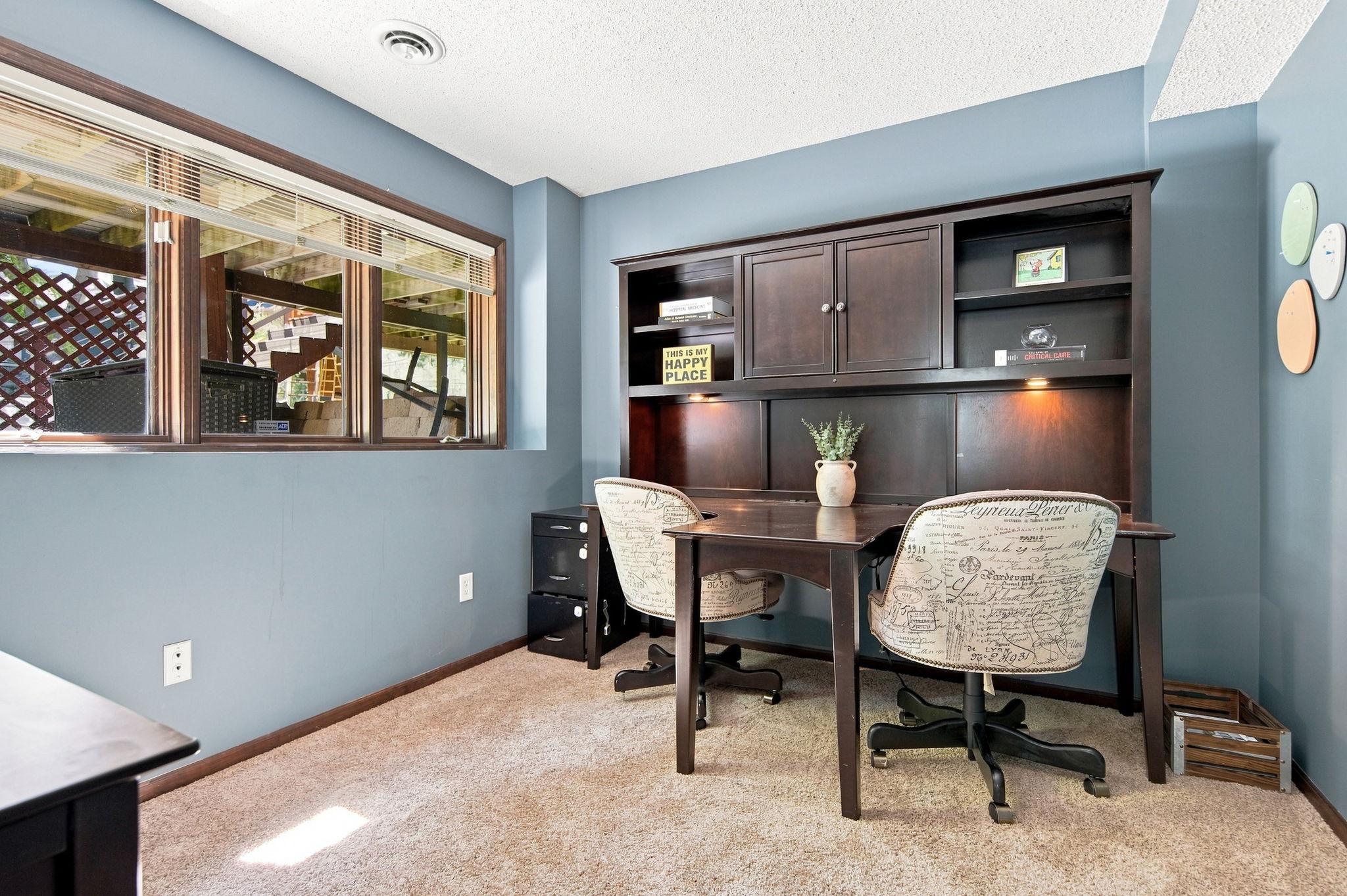 This lower-level bedroom/office features large daylight windows that fill the space with natural light, creating a quiet retreat away from the rest of the home.
