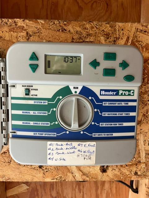 Fully Functioning irrigation system for the whole yard. 7 zones operate sequentially. Located in the garage for easy access. If you fall asleep in a lawn chair you'll get a watery wake-up call at 4:30 AM!