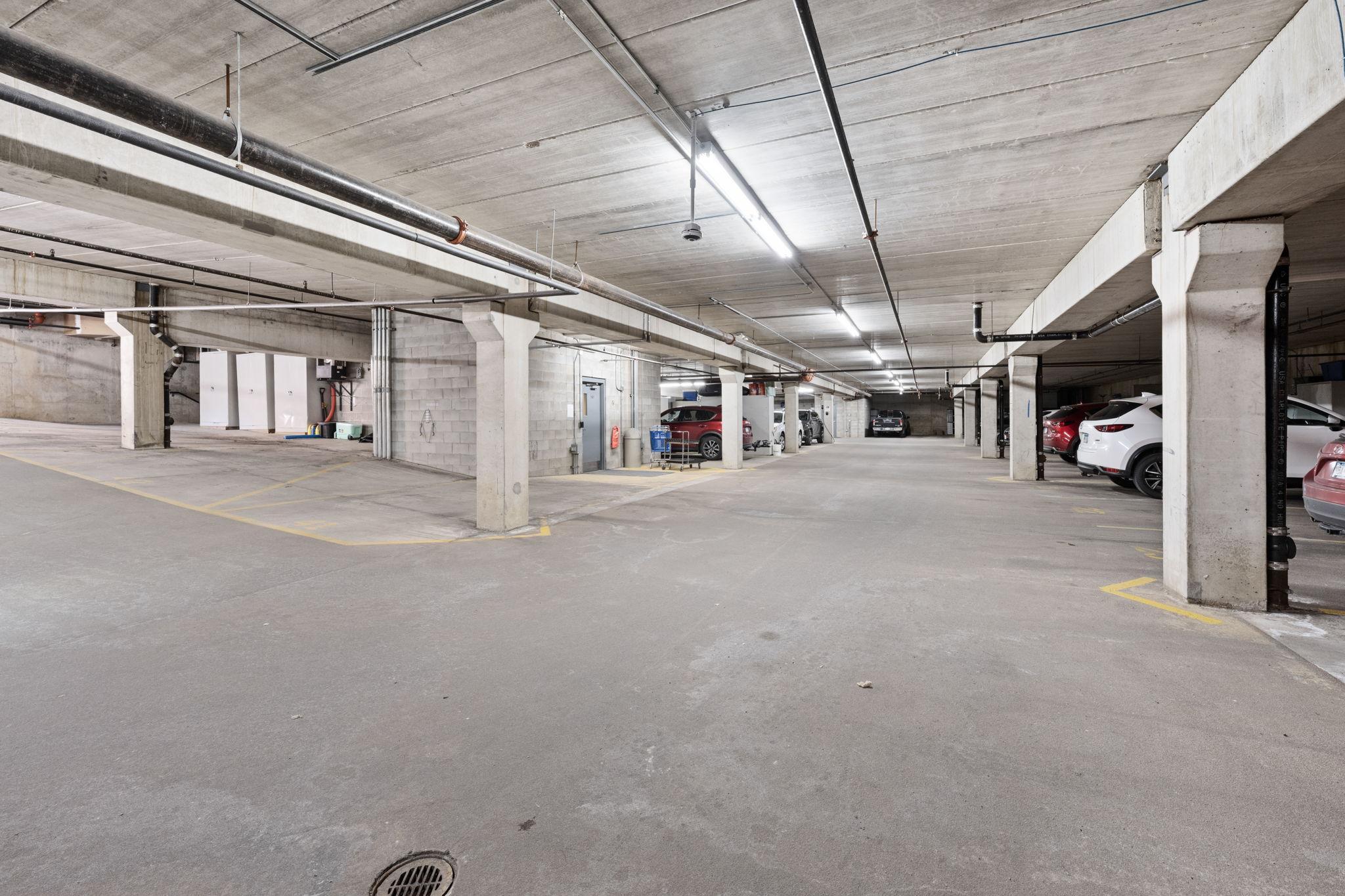 Heated underground parking with dedicated stall and additional storage space.
