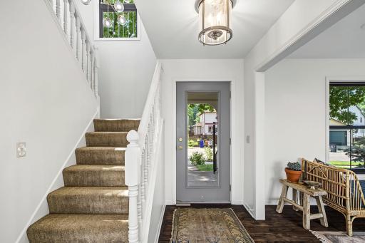 Front entry and pretty staircase