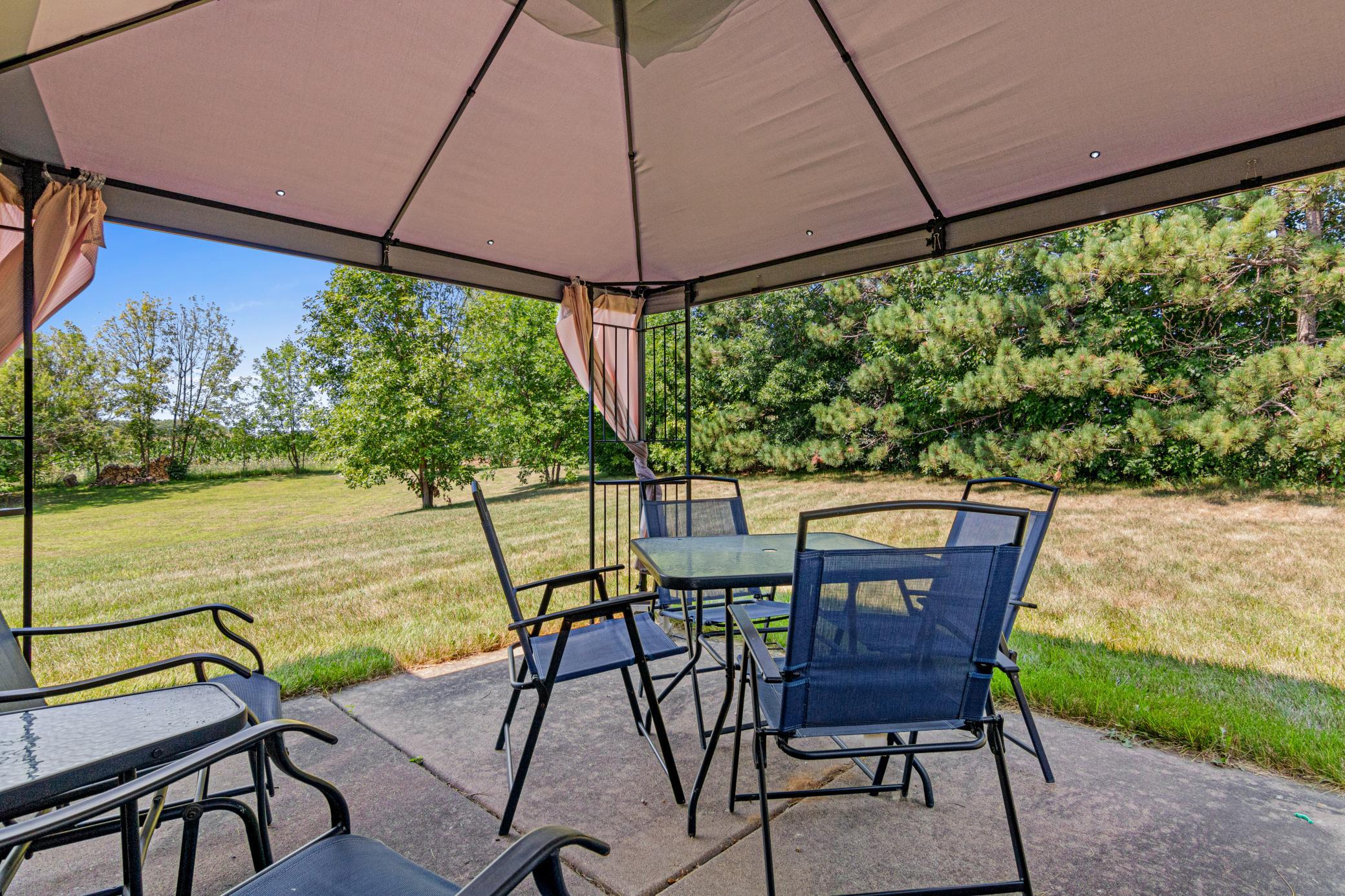 The patio extends the living space outdoors, overlooking green space framed by mature trees.