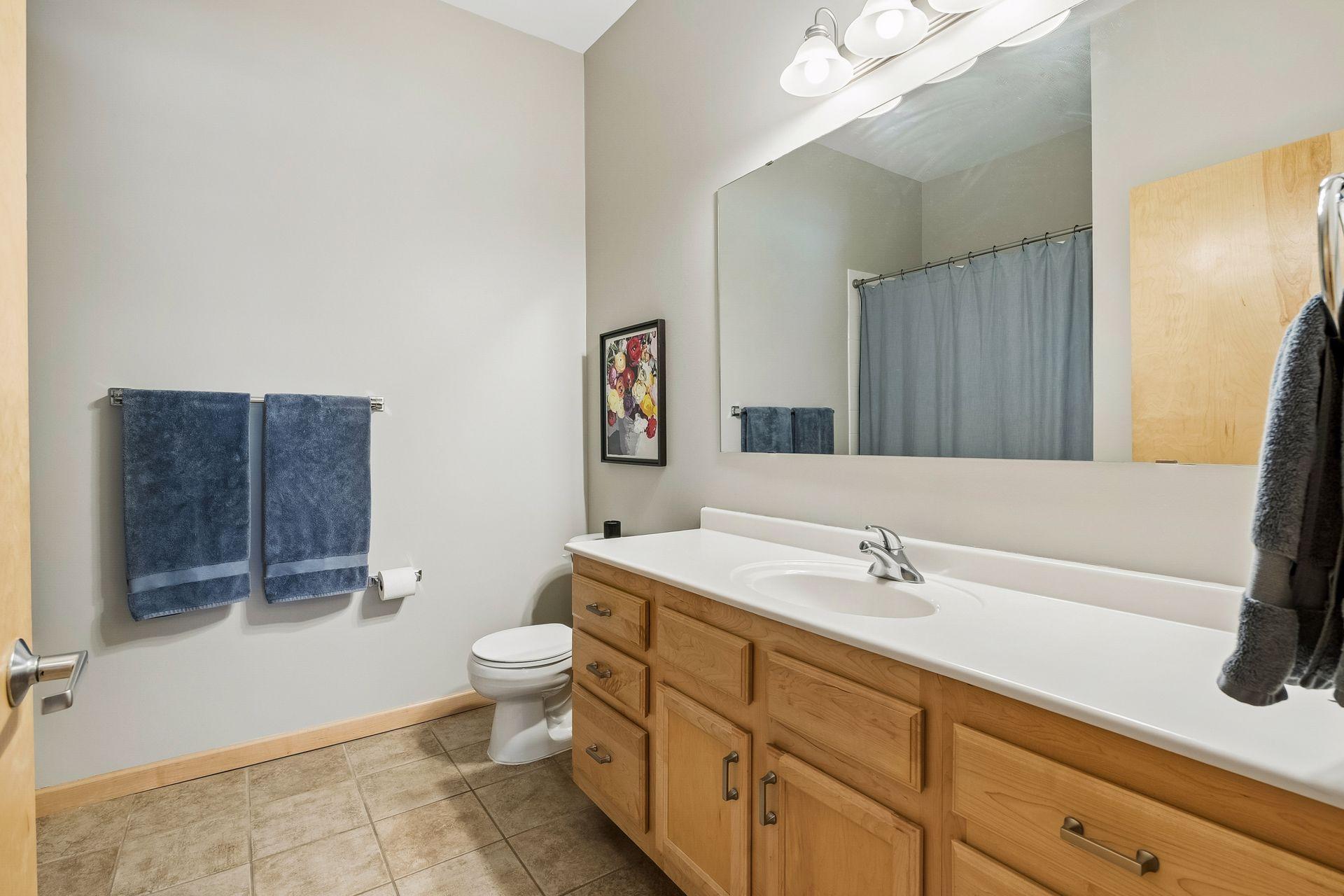 A large vanity gives you plenty of counter space. The deep soaking tub and shower head are behind the curtain.