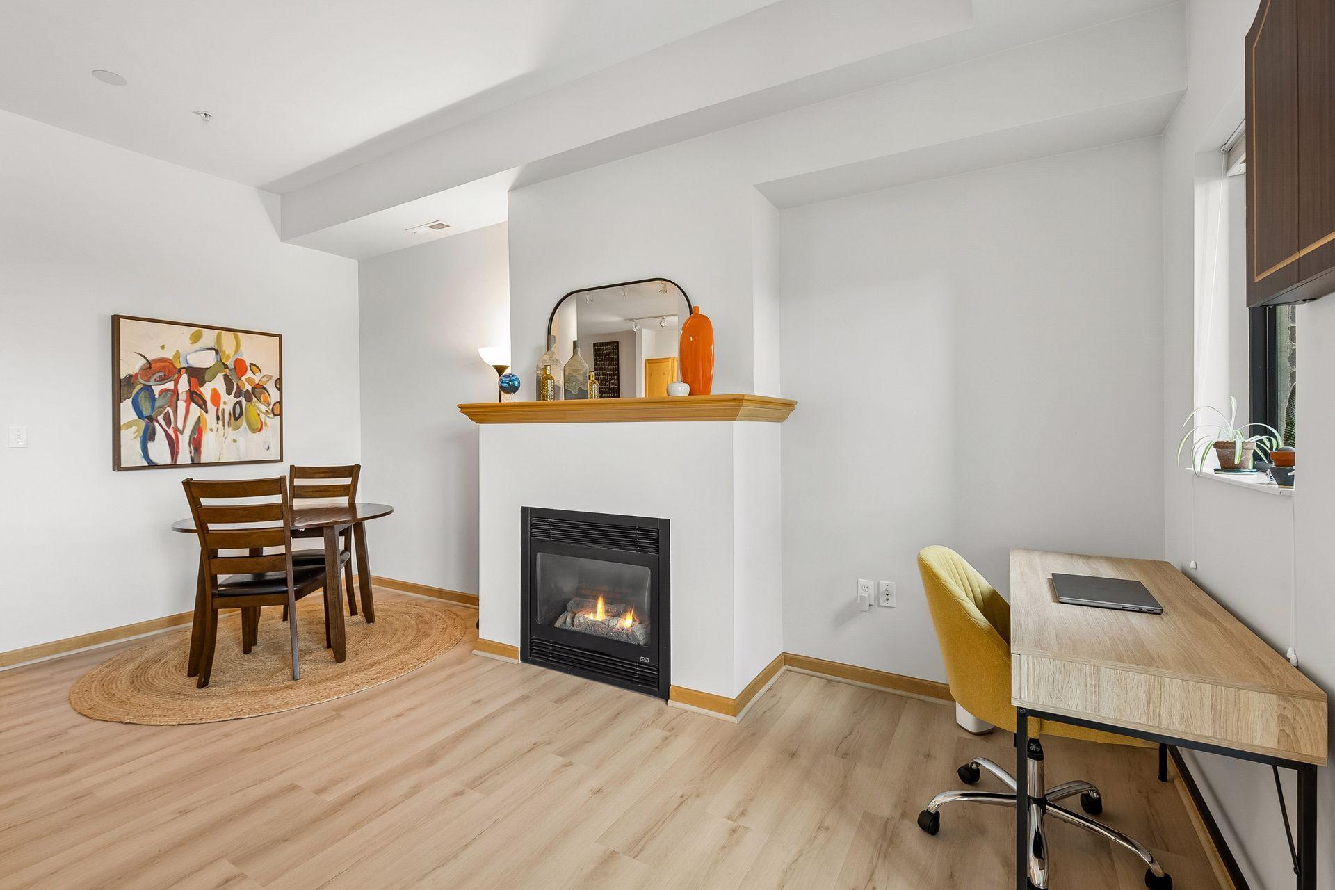 This plan is so interchangeable. A desk under the smaller window functions as a WORK SPACE. Internet and cable are included in the dues.