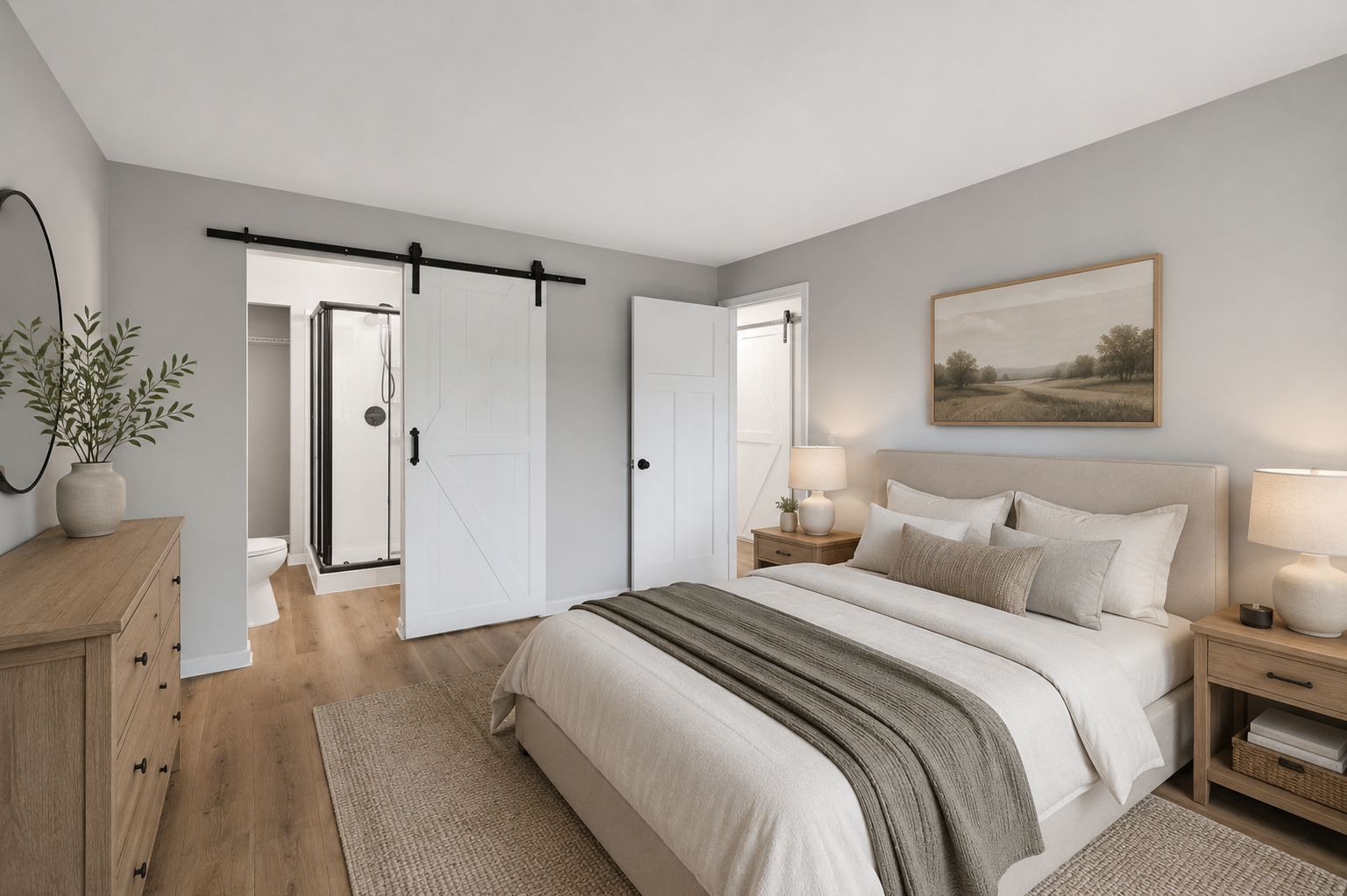 Beautifully updated primary suite featuring a newly added private ¾ bath and a stylish barn-door detail. (Virtually staged)