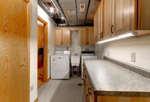 Lower level laundry with '15 floors, walls, and Hickory cabinets