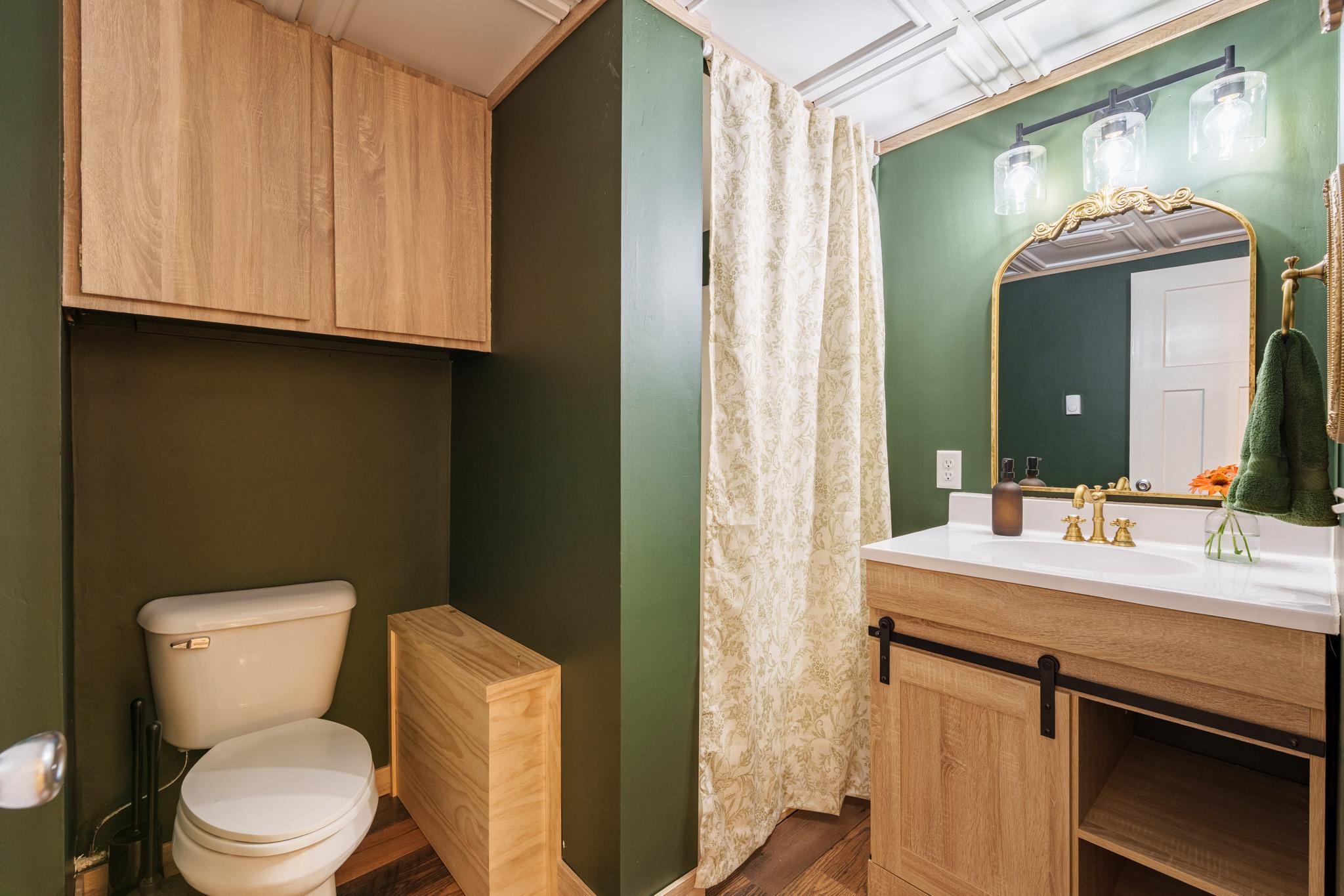 3/4 bathroom on the lower level - remodeled in 2026 with a new vanity, sink, mirror, lighting & fresh paint.