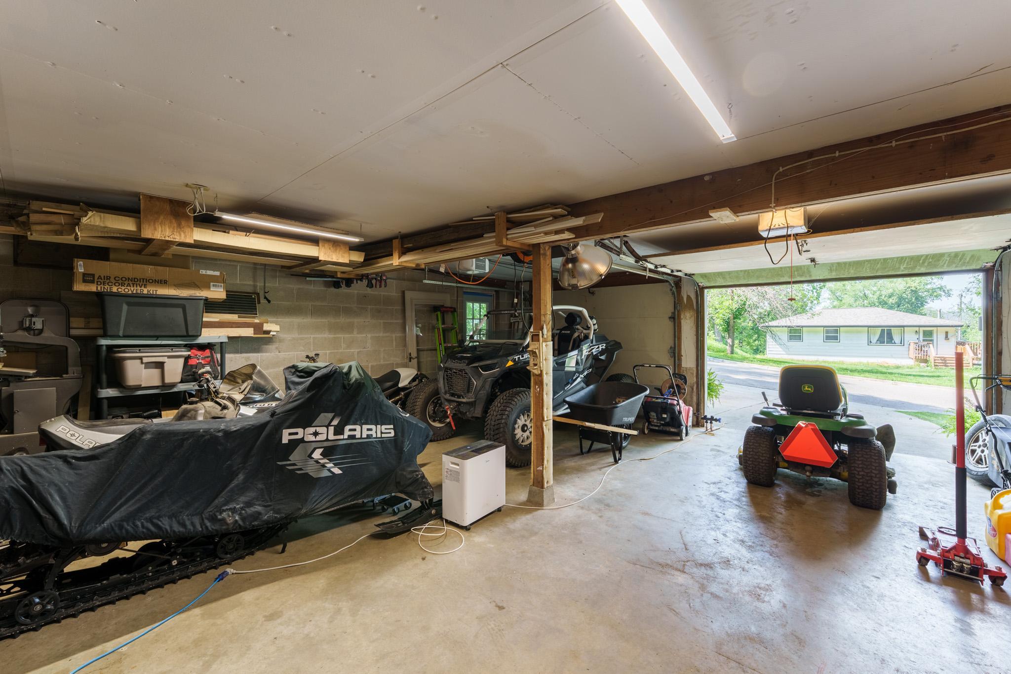 The spacious garage has plenty of room for toys!