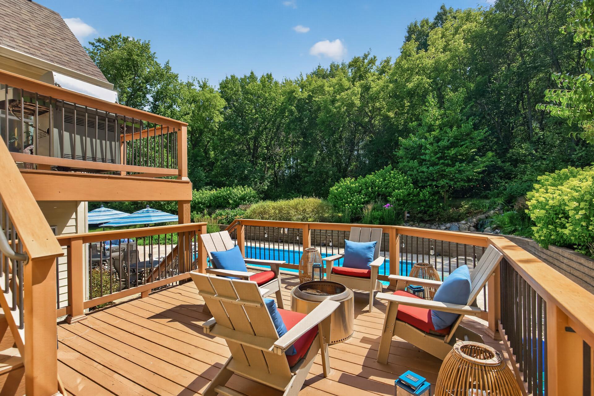 Freshly painted and completely ready; this stunning two-tiered deck is your stage for summer grilling, evening fires, s'mores under the stars, and every outdoor gathering in between.