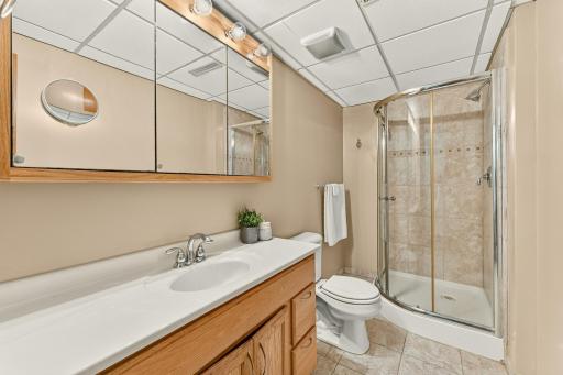 Lower level 3/4 bathroom with tiled shower.