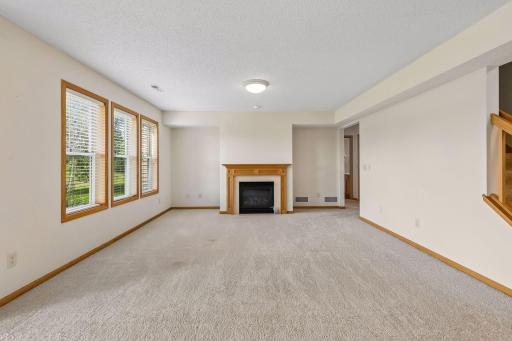 lower level family room with gas fireplace