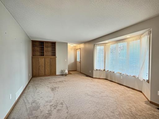 Front door brings you to the living room, with built in cabinets.
