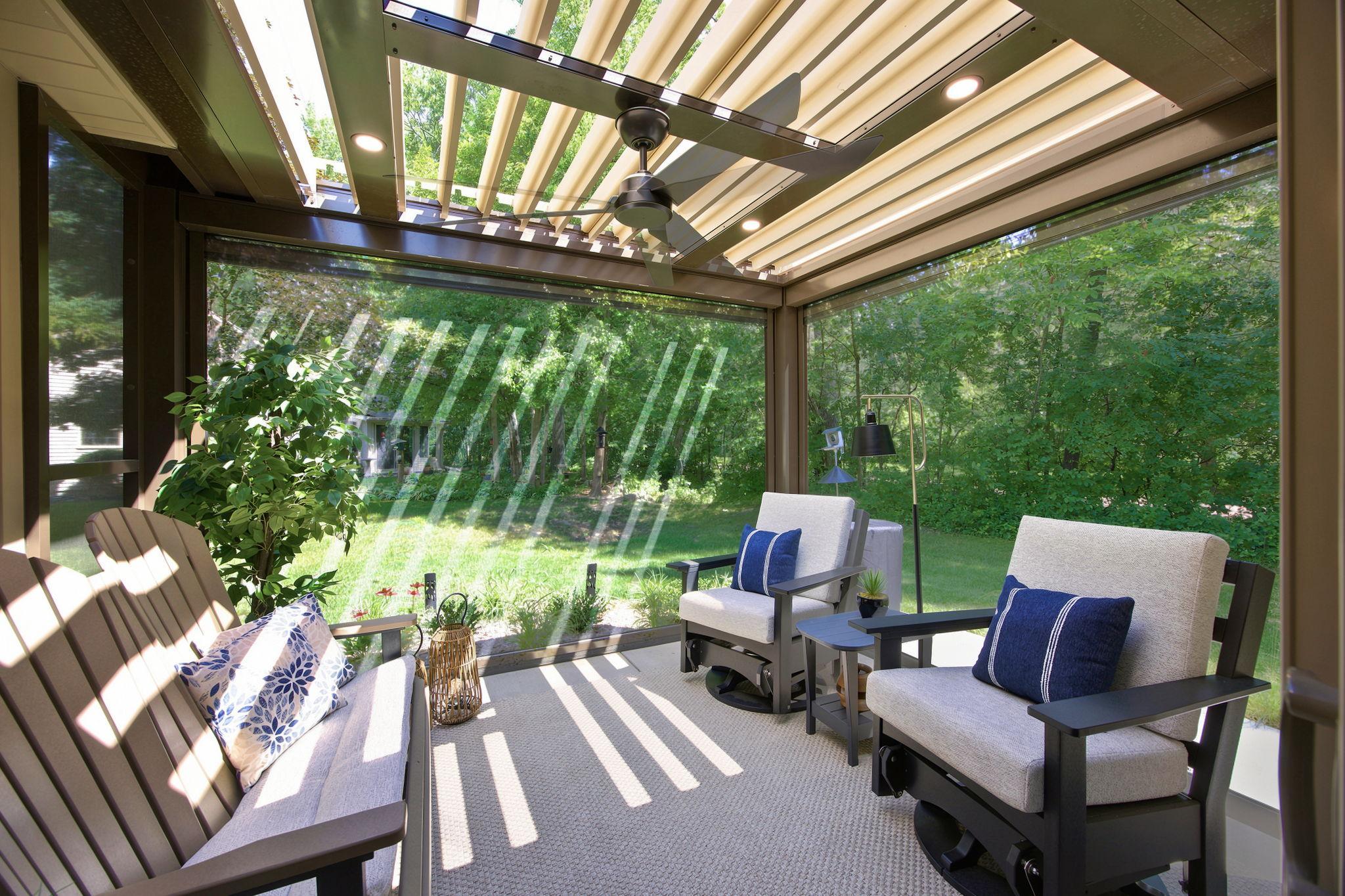 In the summer this can be the most popular room in the house. This room boasts of the remote-controlled screens that can be opened to enjoy the top 10 weather day.