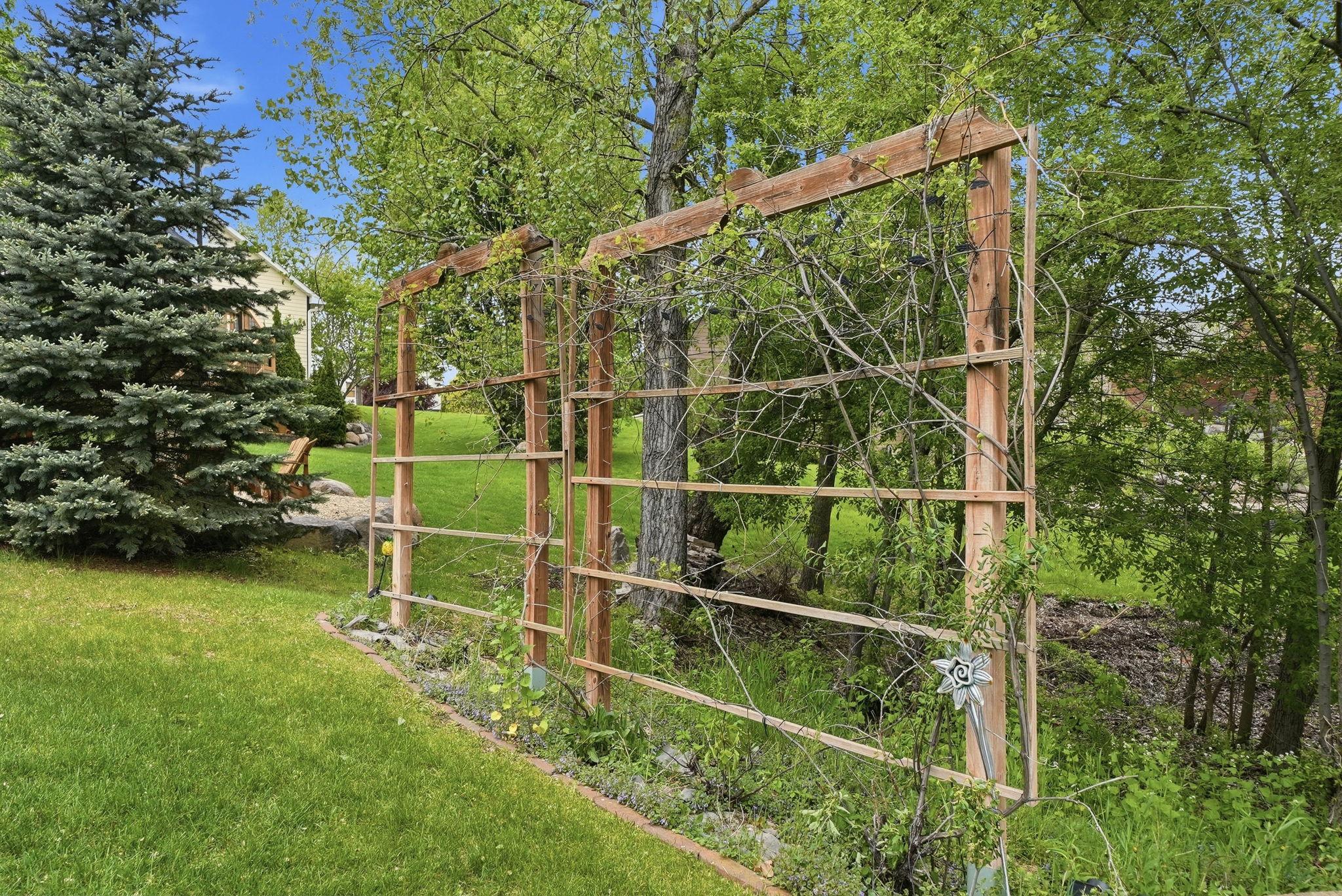 Great gardening area out back! Trellis grows grapes that previous owner used to make their own wine.
