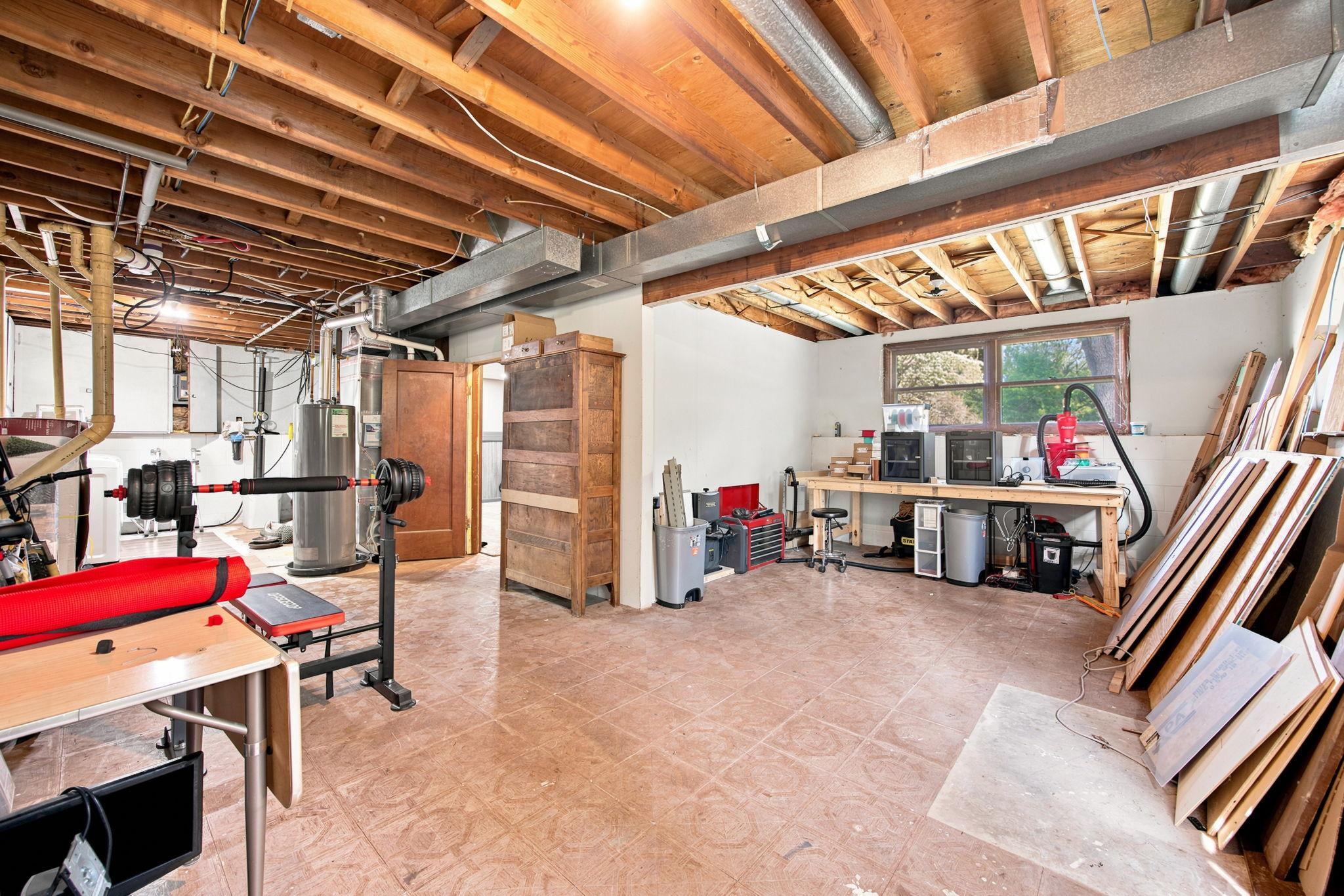 A versatile unfinished area with room to organize, create or expand