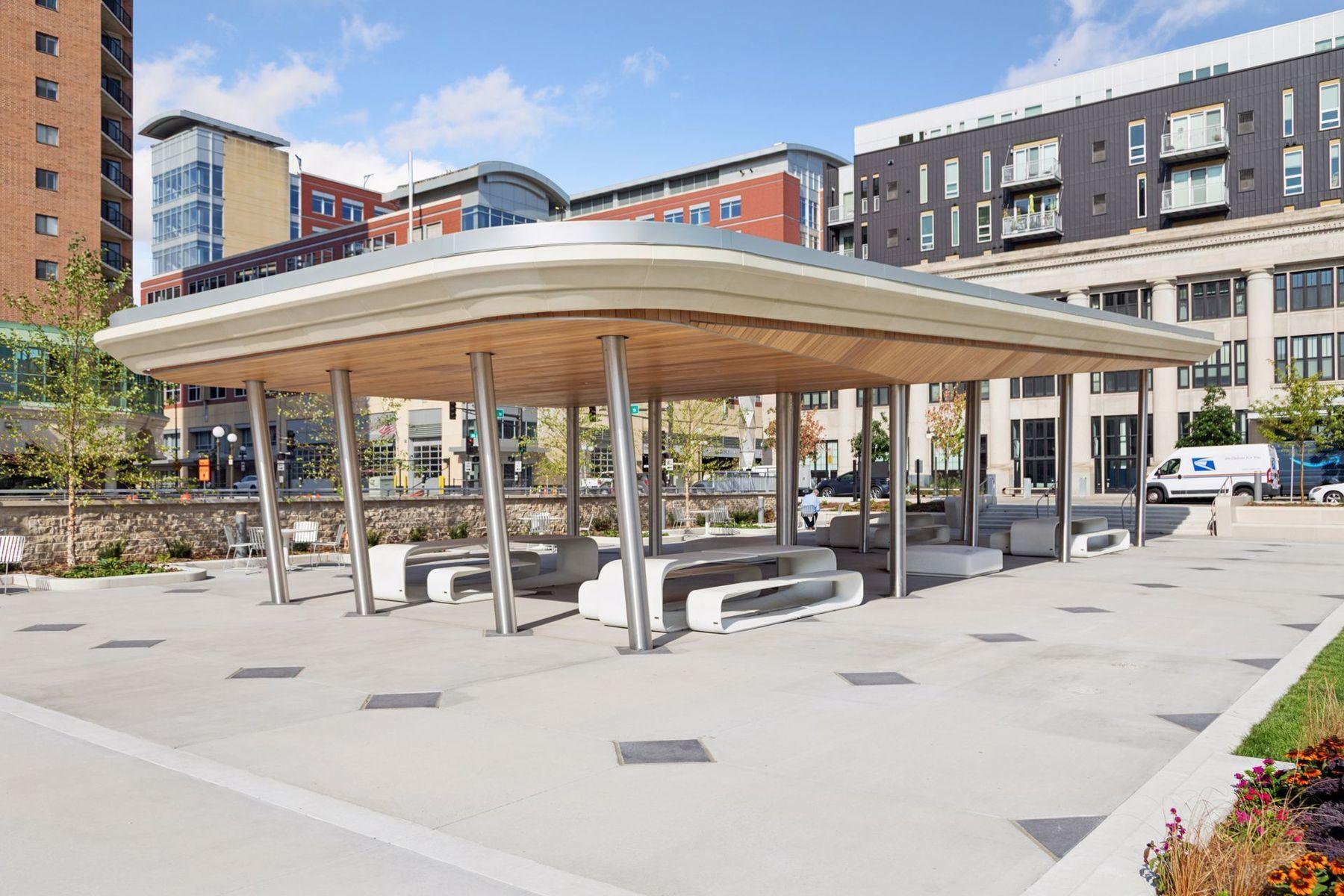 Covered pavilion and seating areas—ideal for outdoor dining, events, and casual meetups.