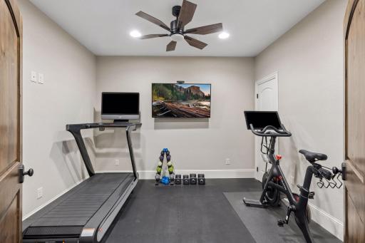 The bonus room is currently being used as an exercise room with cork rubber tile gym matt flooring. It includes wood French doors and a spacious storage closet. This can be a very versitile space based on your needs.