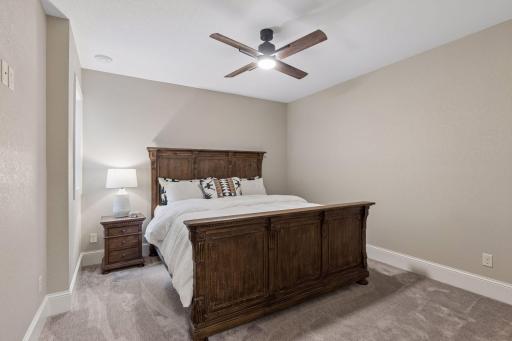 The fifth bedroom is located in the lower level. It includes new carpet, an egress window with ladder and a ceiling fan.