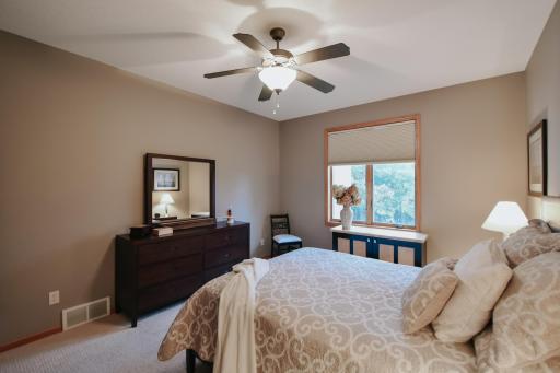 Window looks out to the back yard; windows have blinds on throughout the house- updated carpet, ceiling fan.