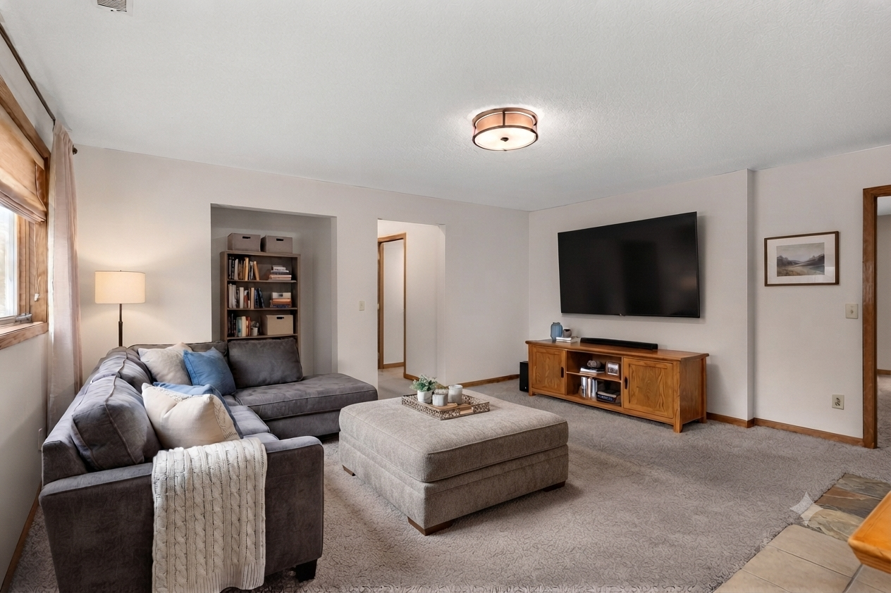 Lower level family room virtually staged