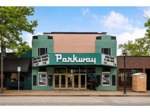 Parkway Theater, a vintage 1930's neighborhood cinema serving as a popular local hub for classic 35mm film screenings, live music, stand-up comedy, and community events.