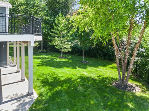 A fully fenced backyard surrounded by mature landscaping offers privacy, room to play, and beautiful views in every season.