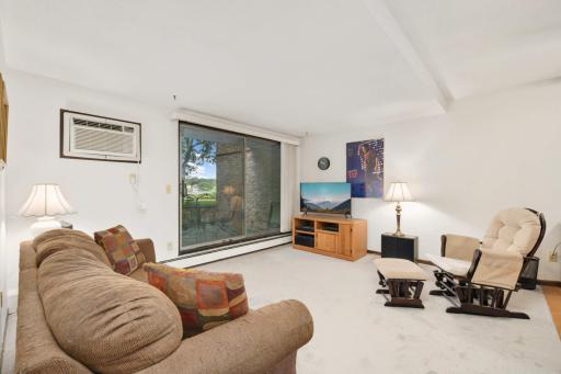 Bright, spacious living room featuring a large sliding glass door that fills the space with natural light and opens to your private patio.
