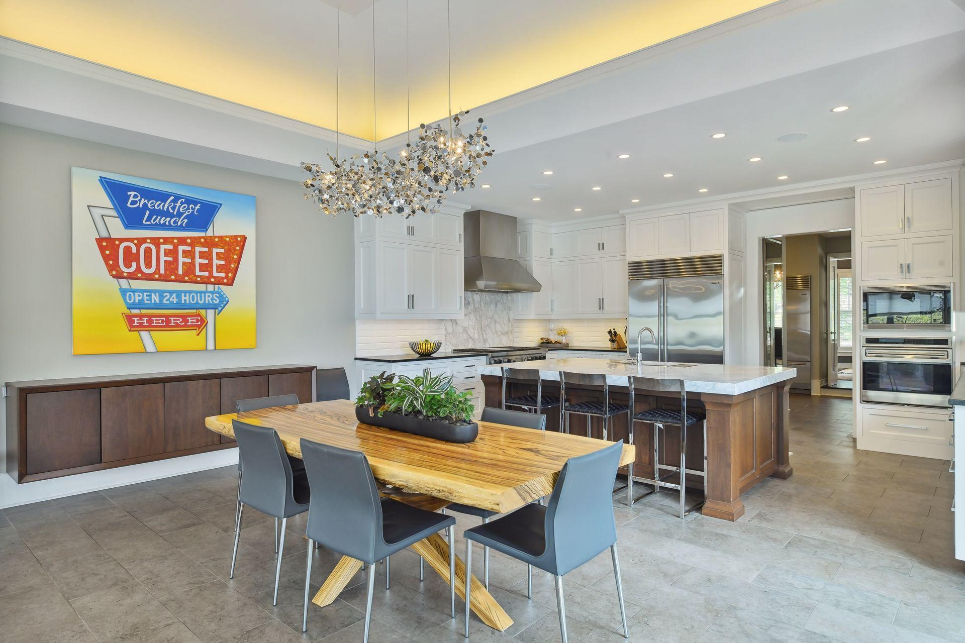 A unique floating buffet serves multiple purposes of serving space and storage