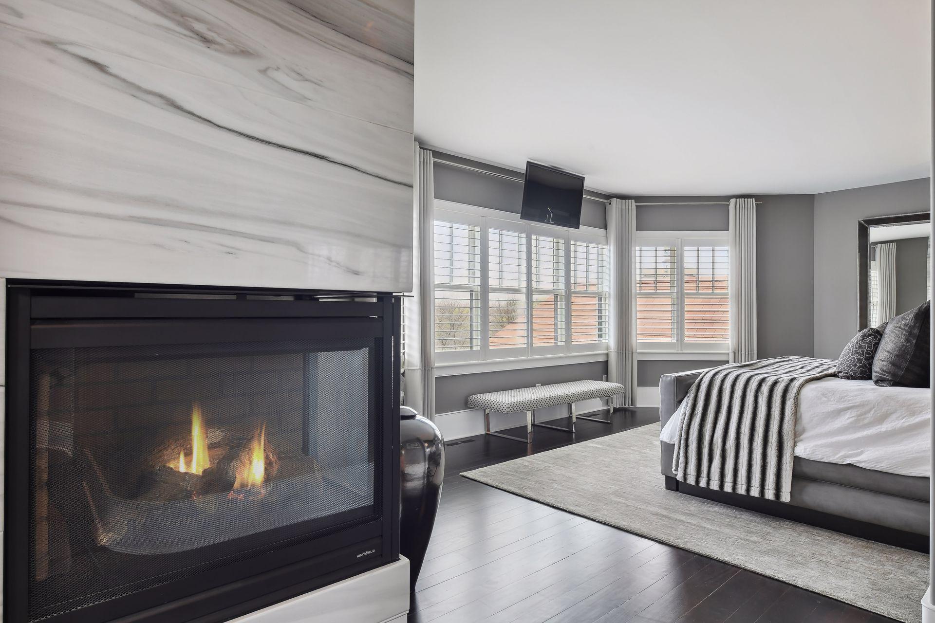 A gas fireplace adds a warm and relaxing touch