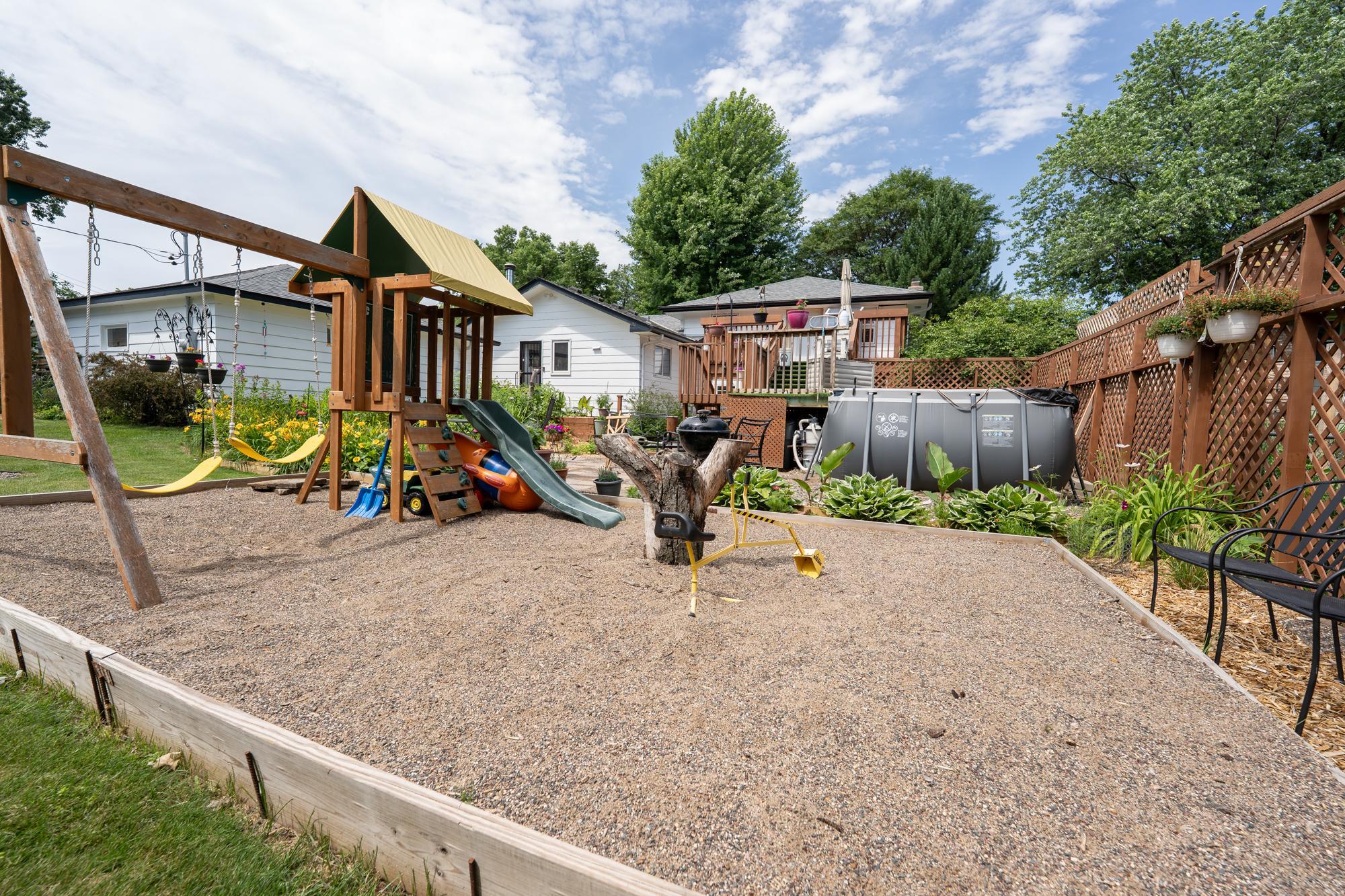 Play set stays with the home so if you have kids they already have a great area to play in. P rock makes for a soft landing as they're jumping off the swings. This can be easily converted to another garden as well