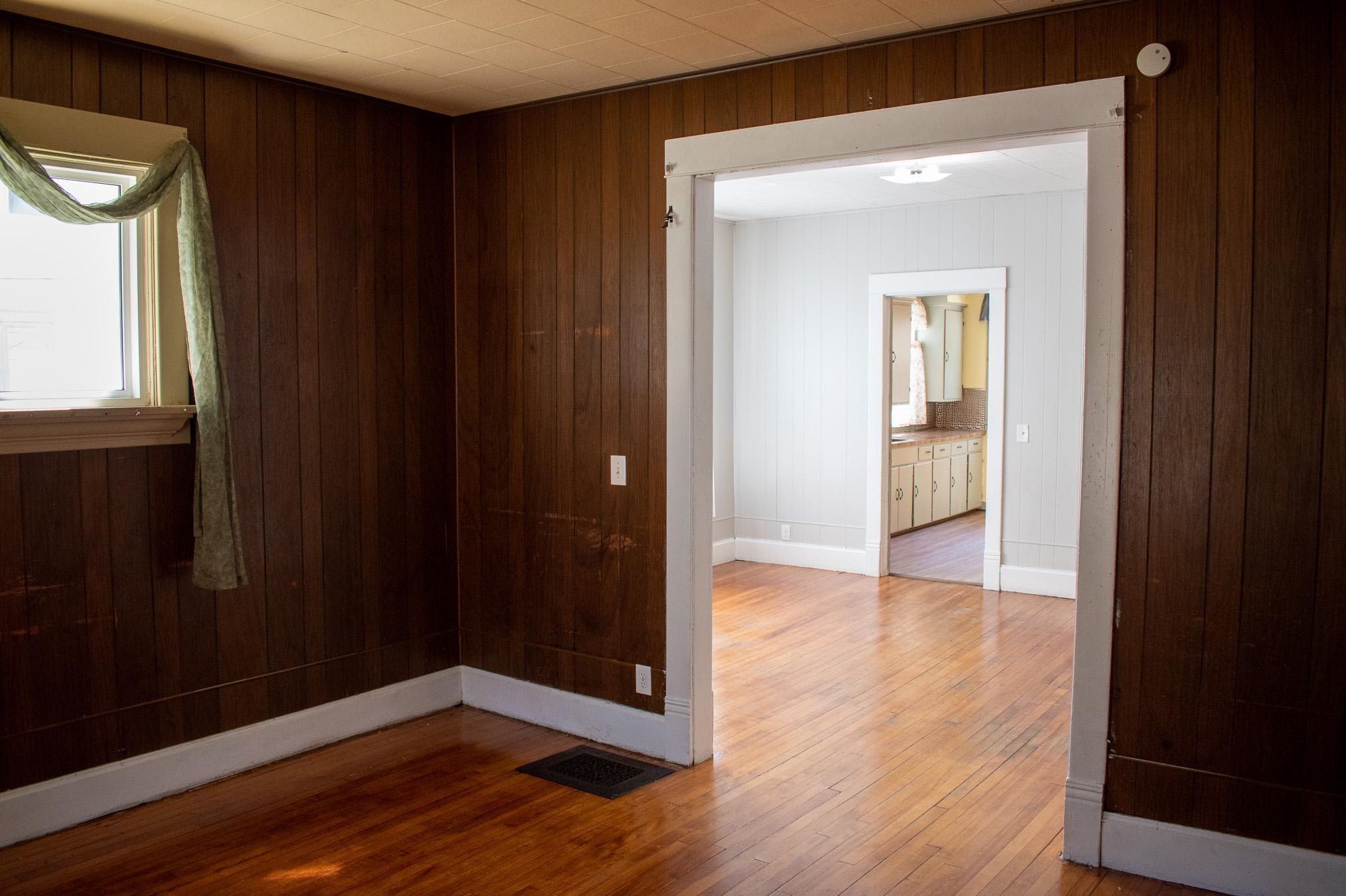 Living Room into Dining Room and Kitchen