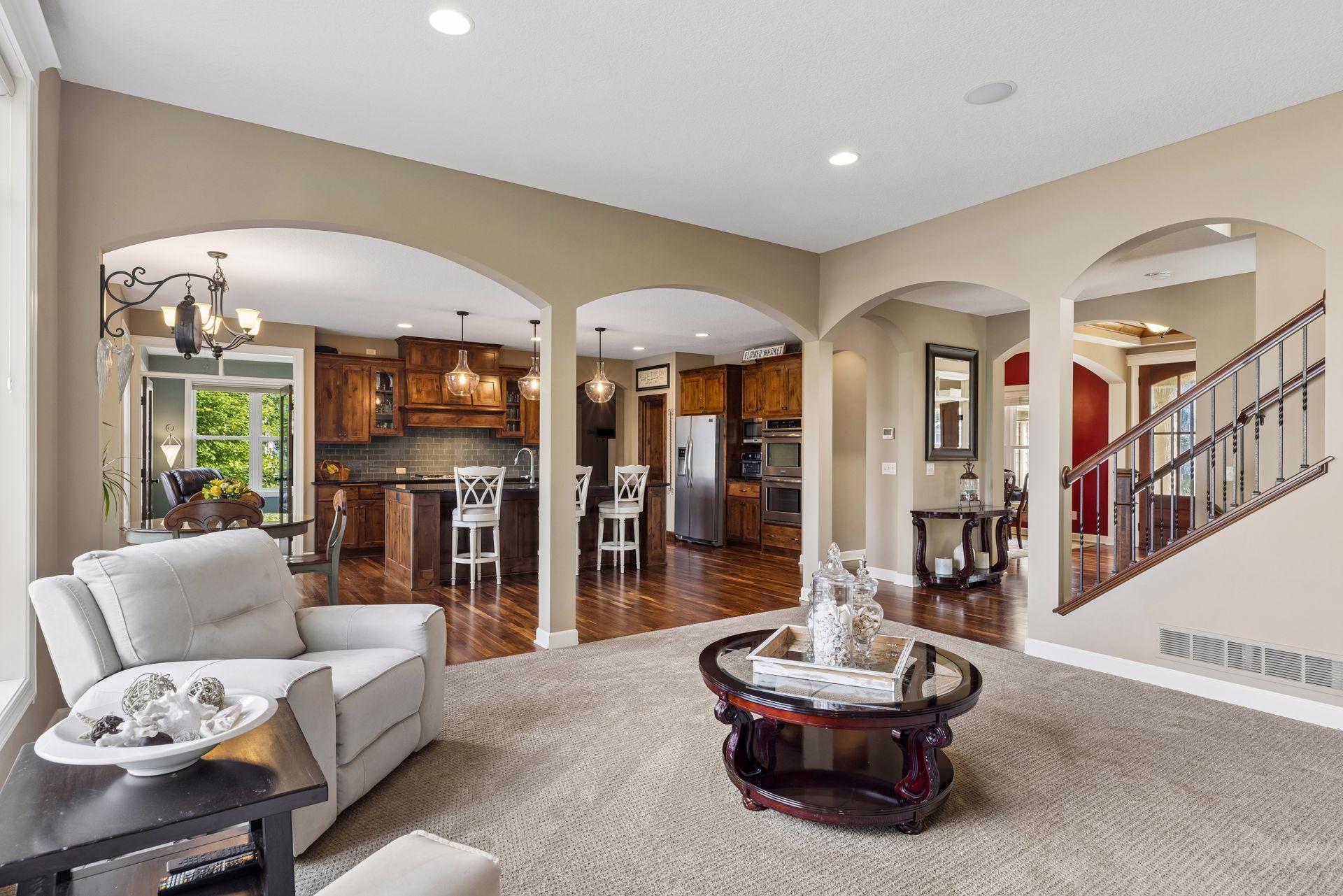 Structural arches frame the living room