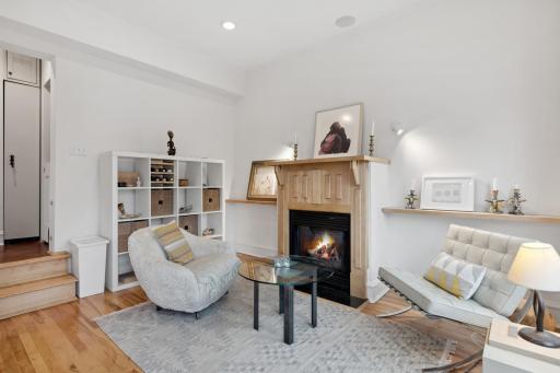 Family room off the kitchen has a gas fireplace