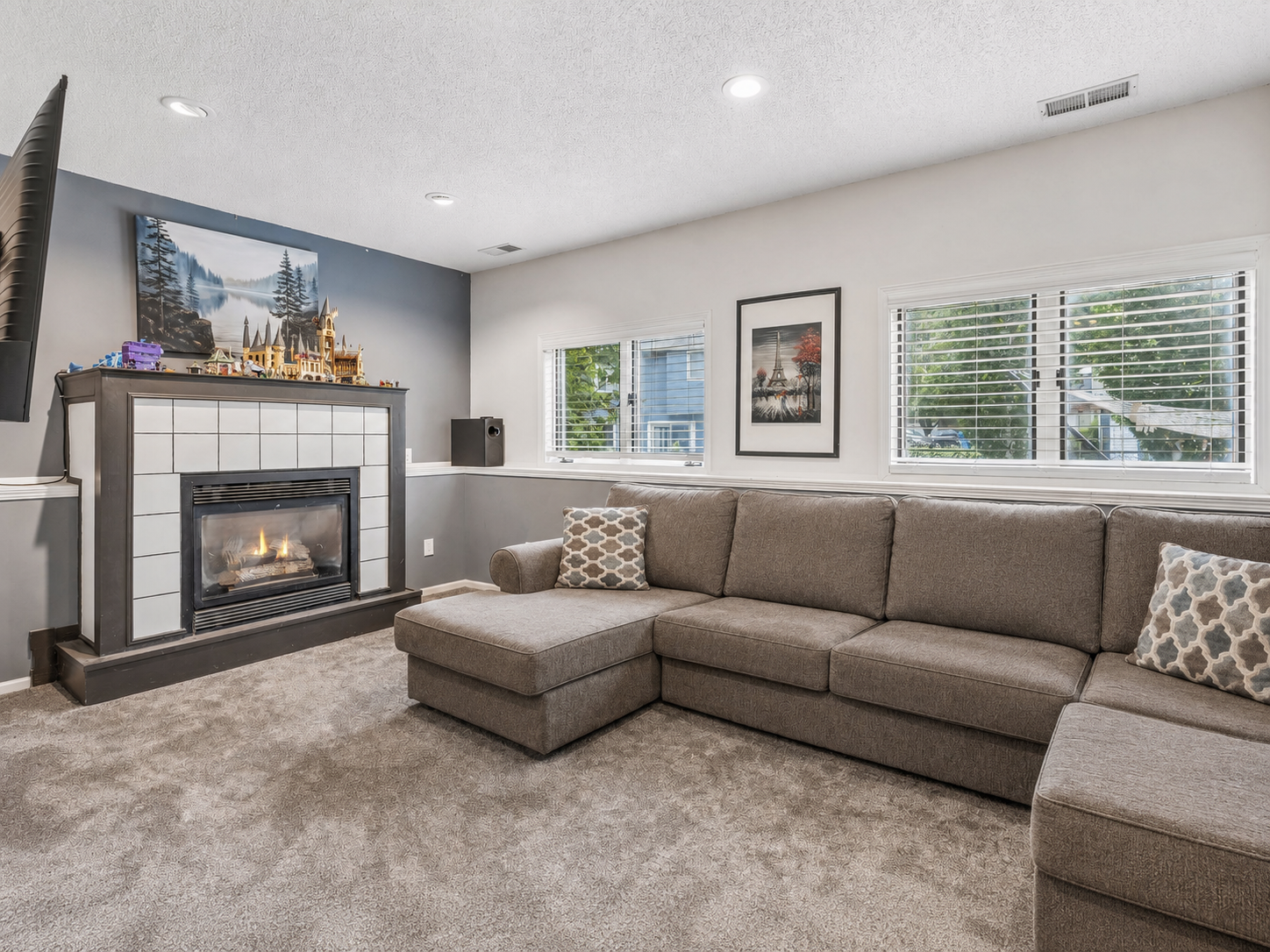 Lower level family room w/ gas fireplace and new carpet