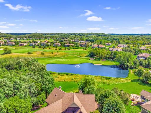 Troy Burne golf course #17 and #18th fairways, with pond and fountain.