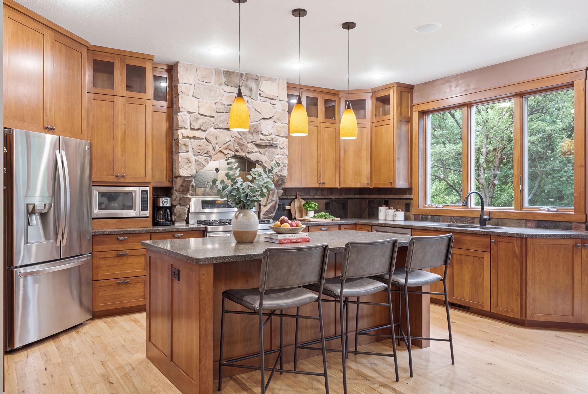 Gorgeous kitchen with custom wood cabinetry, a center island, stainless steel appliances, and beautiful stonework surrounding the concealed range hood. (virtually staged)