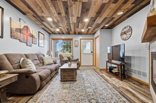 Living room with new ceiling and recessed lighting!