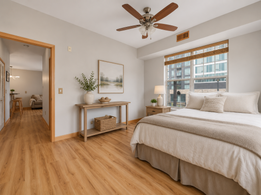 Primary bedroom with En-suite bathroom and large walk-in closet. Virtually staged.