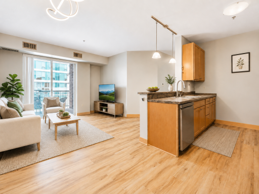 This open floorplan corner unit has usable spaces and new appliances that make life at home enjoyable. Virtually staged.