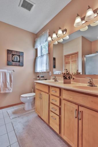 Private owners bath with dual sinks, walk-in shower, ample counter top space and birch cabinetry.