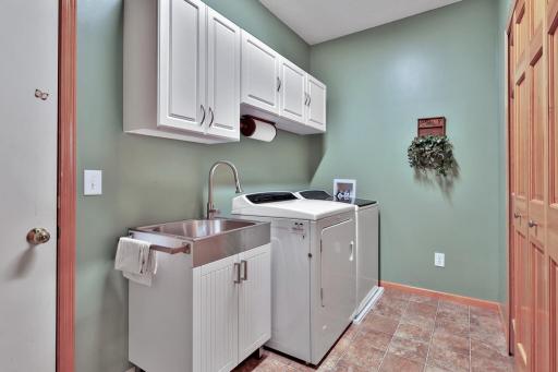 Main level laundry with stainless utility sink and overhead cabinetry. Over flow tray under washer. An abundance of closet and storage space throughout.
