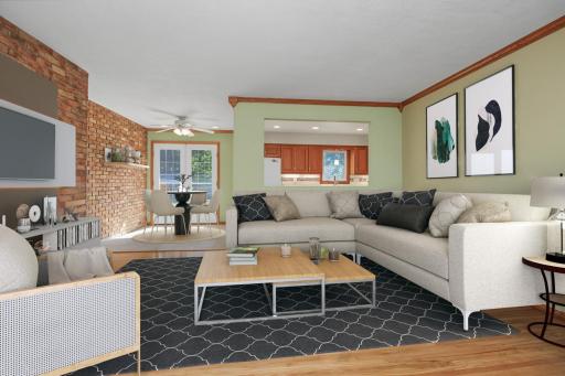 Virtually staged living room/dining room.
