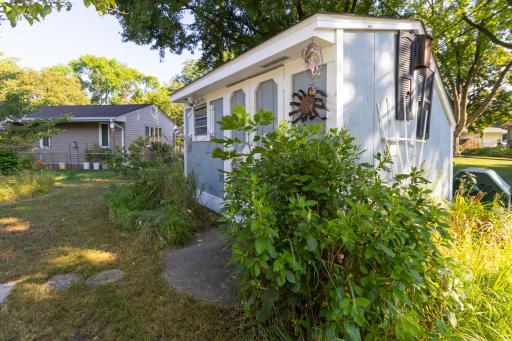 Storage shed in backyard.