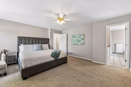 The primary suite offers a great place to relax after a long day. 2 walk-in closets and private bathroom.