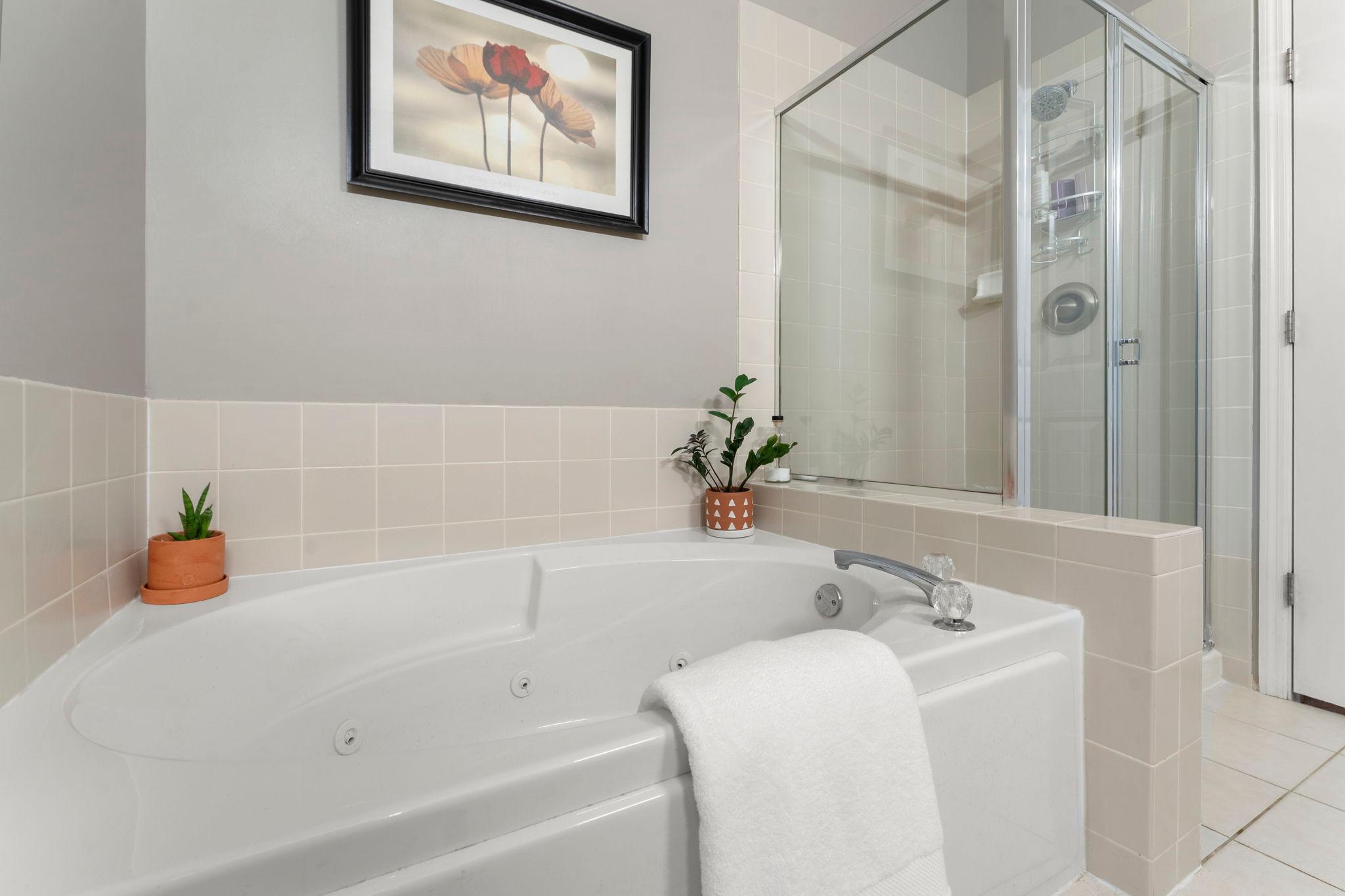 A view showcasing the relaxing jetted tub and walk-in shower.