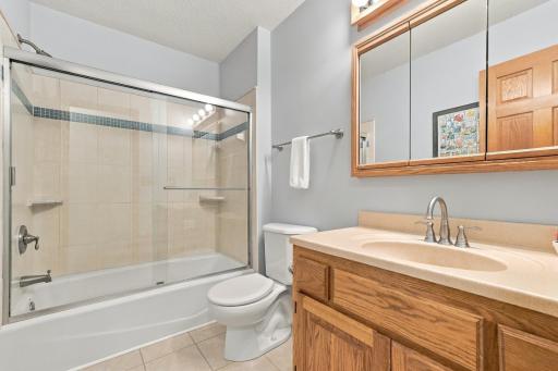 The upper level has a full bathroom.