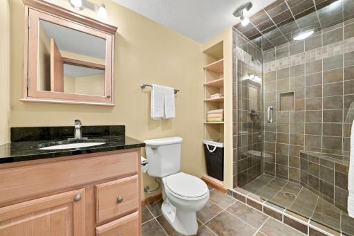 The basement bathroom has in-floor heat and a tile shower.